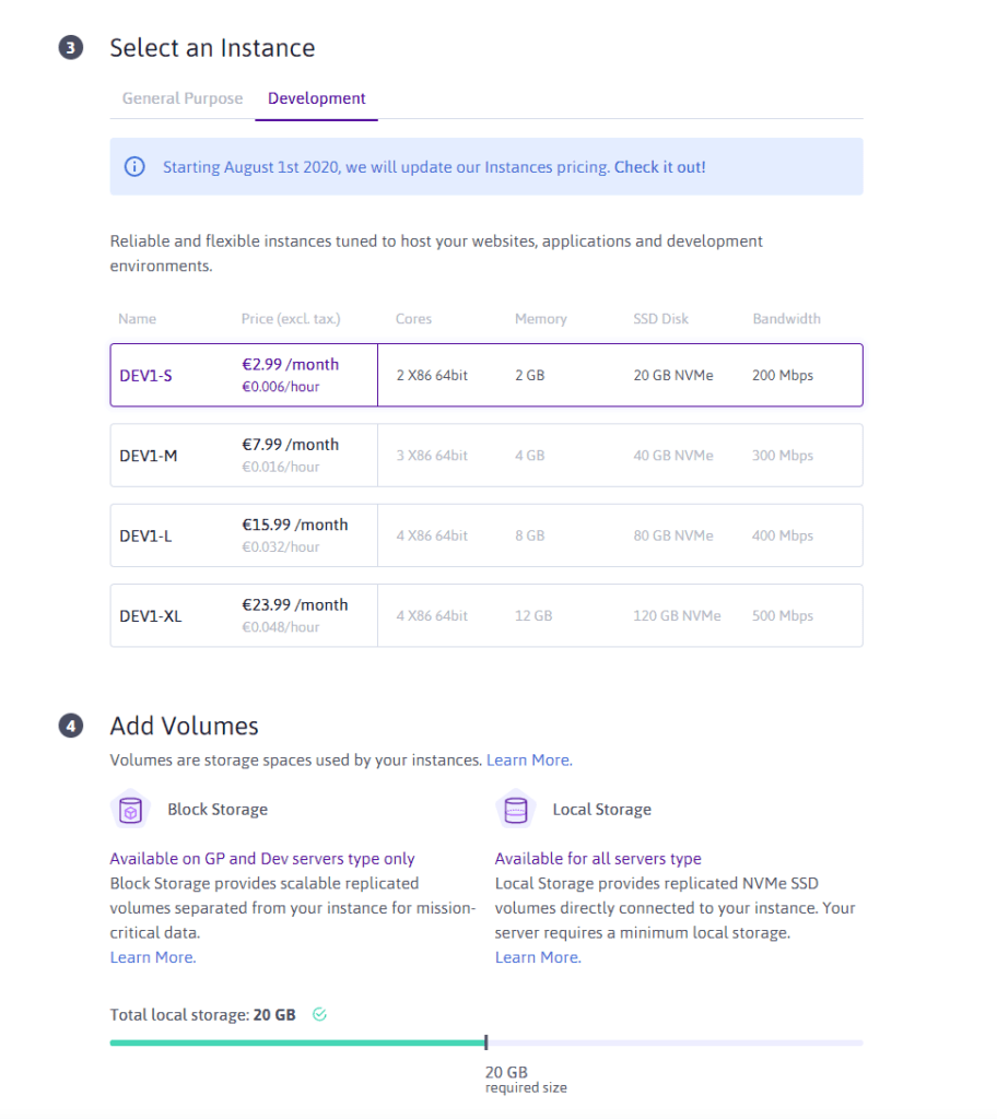 Rendez-vous dans l’onglet Development et prenez l’option la moins chère, celle avec un débit maximum de 200 Mb/s.