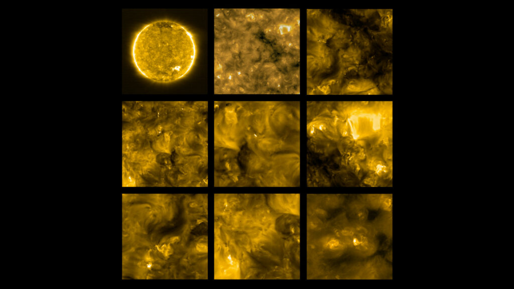 Premières photos du Soleil par Solar Orbiter, le 30 mai 2020, montrant les éruptions solaires miniatures. // Source : Solar Orbiter/EUI Team/ESA & NASA; CSL, IAS, MPS, PMOD/WRC, ROB, UCL/MSSL (photo recadrée)