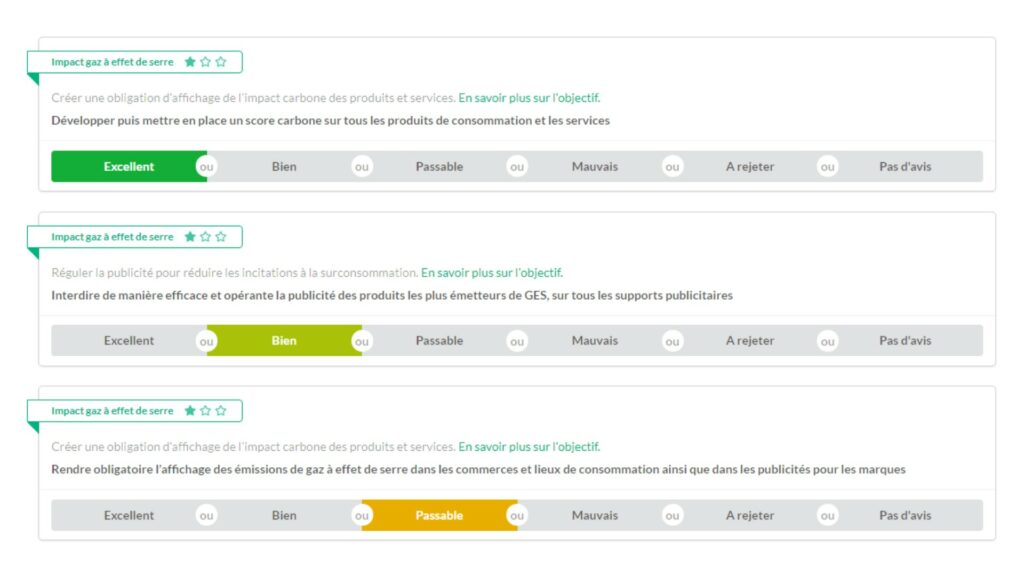 Pour chaque mesure, vous pouvez évaluer sur une palette allant d'Excellent à À Rejeter ou ne pas émettre d'avis.