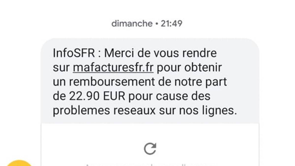 Un phishing ser faisant passer pour SFR est en cours. // Source : Twitter