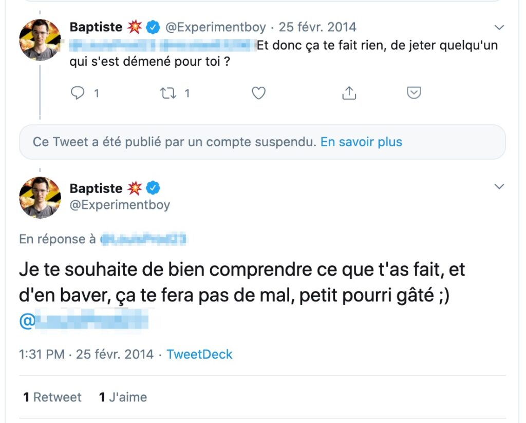 Capture des tweets envoyés par Baptiste M-D. à Louis