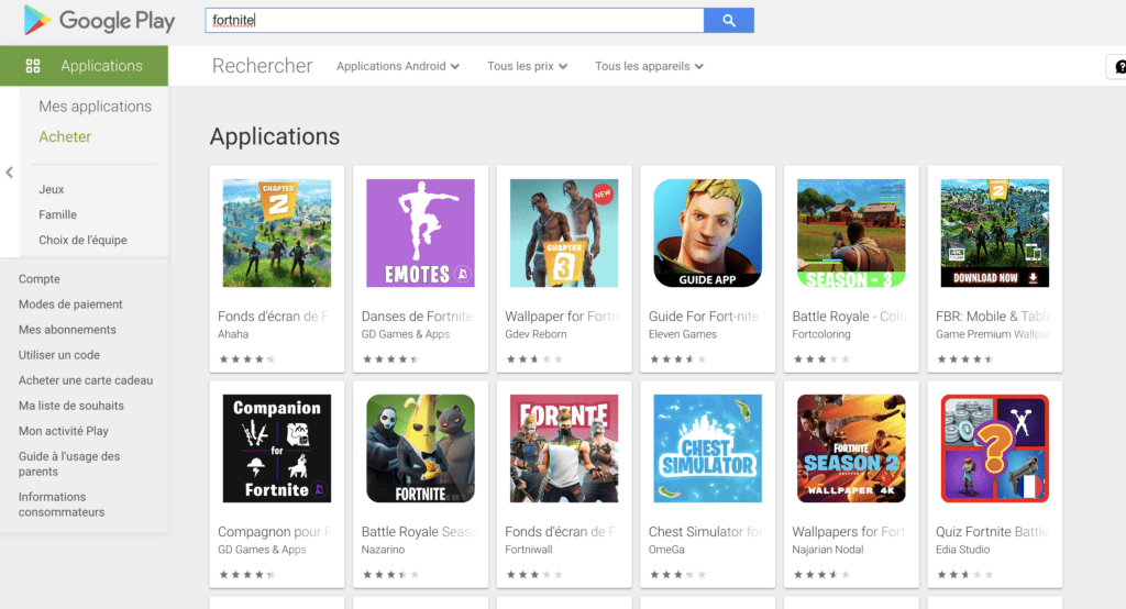 Le Play Store sans Fortnite // Source : Capture d'écran Numerama