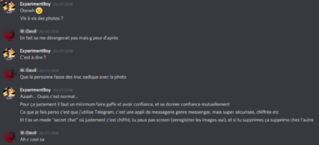Capture d'un échange Discord privé entre Baptiste M-D. et un jeune homme Capture d'un échange Discord privé entre Baptiste M-D. et un jeune homme