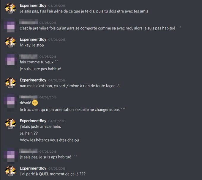 Capture d'écran d'un échange privé sur Discord entre ExperimentBoy et un fan majeur en 2018 Capture d'écran d'un échange privé sur Discord entre ExperimentBoy et un fan majeur en 2018