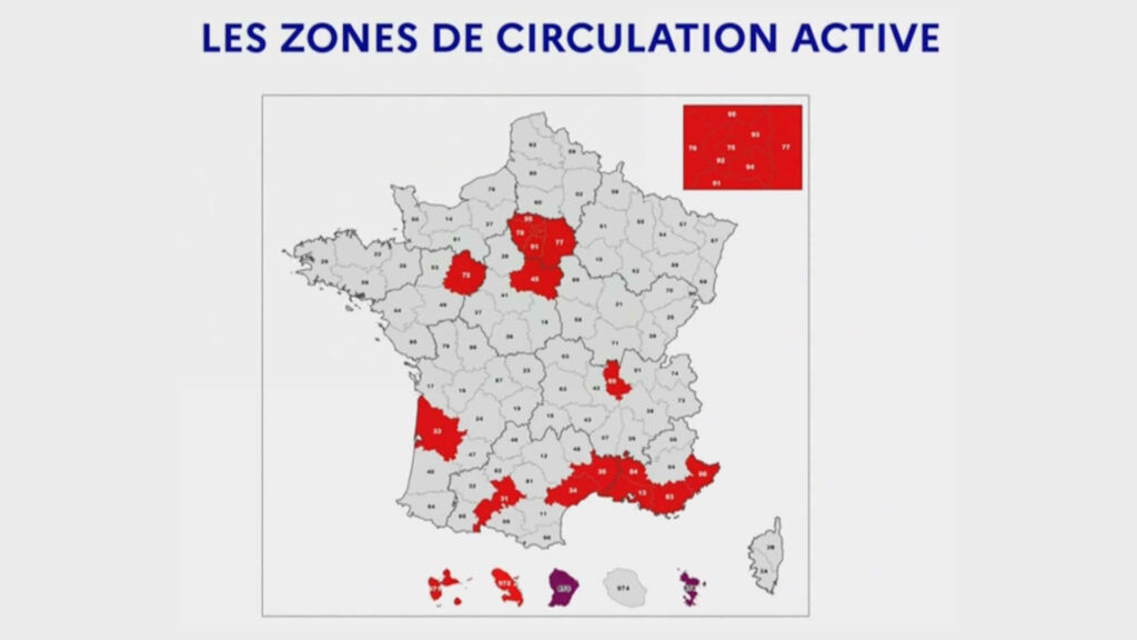 Les 21 départements en « zone rouge» à la date du 27 août // Source : Gouvernement français Les 21 départements en « zone rouge» à la date du 27 août // Source : Gouvernement français