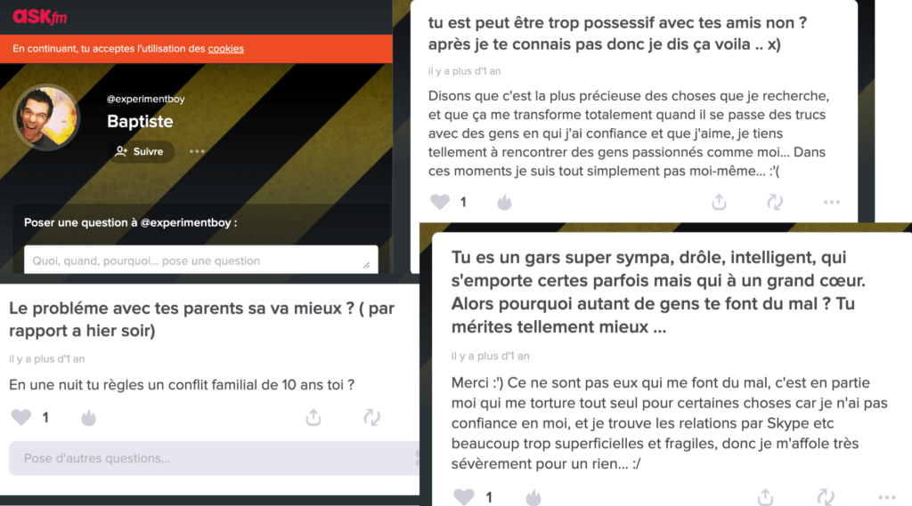 Captures des réponses d'ExperimentBoy sur son Ask.fm Captures des réponses d'ExperimentBoy sur son Ask.fm