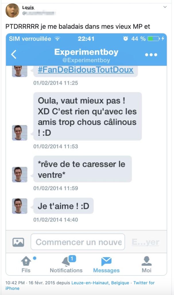 Un tweet publié en 2015 d'un échange de 2014 supposé entre Baptiste M-D. et Louis Un tweet publié en 2015 d'un échange de 2014 supposé entre Baptiste M-D. et Louis