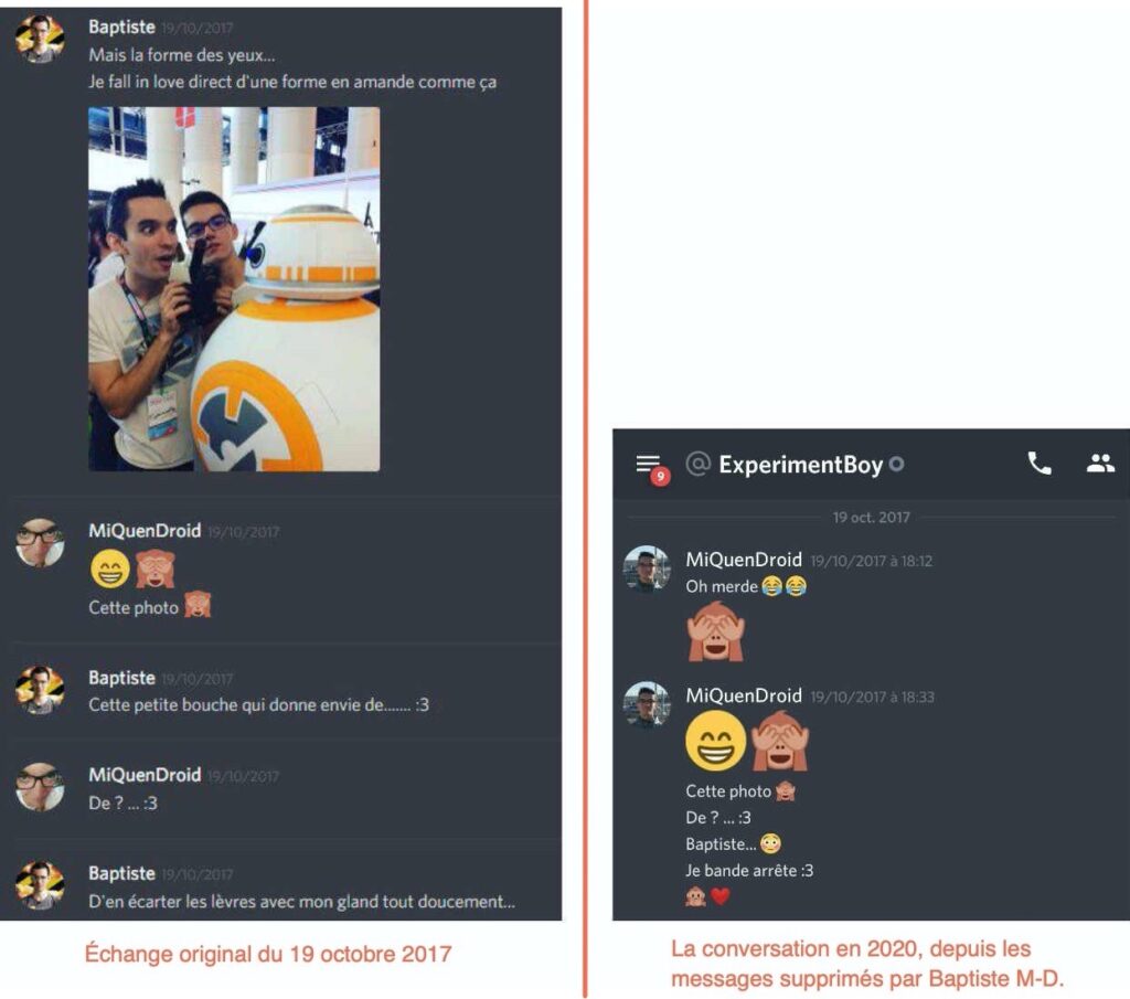 Capture d'écran avant/après la suppression des messages de Baptiste M-D. Capture d'écran avant/après la suppression des messages de Baptiste M-D.