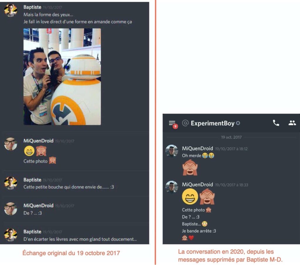 Capture d'écran avant/après la suppression des messages de Baptiste M-D.