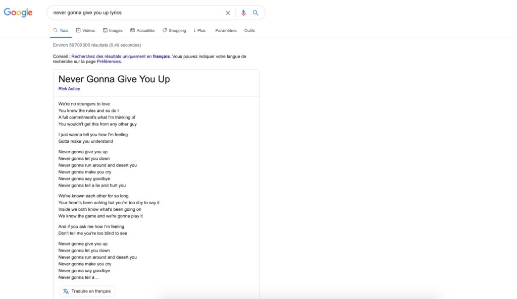 Les paroles de Never Gonna Give You Up sur Google