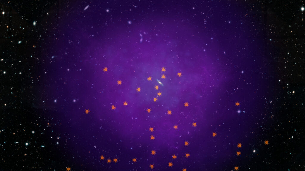 Le halo d'Andromède. Les points représentent des quasars. // Source : NASA, ESA, and E. Wheatley (STScI) (image recadrée)