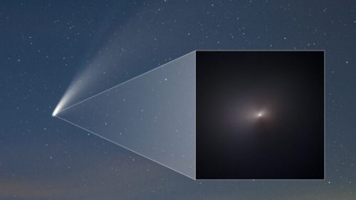 La comète NEOWISE (vue par Hubble dans l'encadré). // Source : NASA, ESA, STScI, Q. Zhang (Caltech), Zoltan G. Levay (photo recadrée)