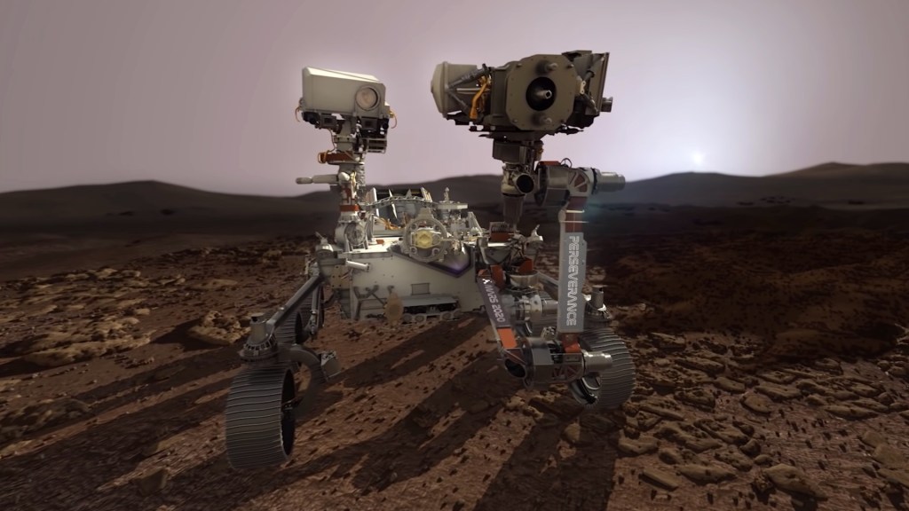Vue d'artiste de Perseverance sur Mars. // Source : Capture d'écran modifiée YouTube Nasa JPL