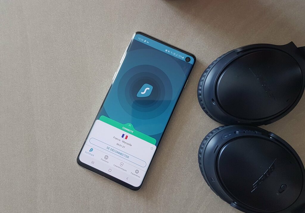L'application mobile de Surfshark, ici sur un smartphone Android. L'application mobile de Surfshark, ici sur un smartphone Android.