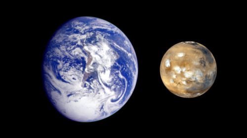 La Terre et Mars. // Source : Wikimedia/CC/JPL/NASA (photo recadrée)