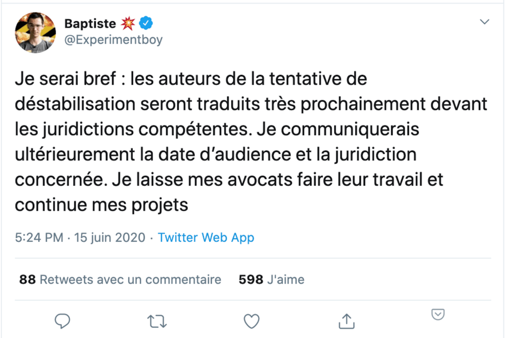 Tweet publié en juin 2020 par Baptiste Mortier-Dumont // Source : Twitter/ExperimentBoy