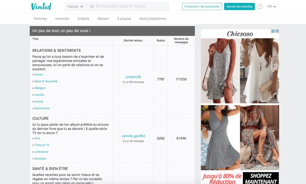 Une capture d'écran du forum Vinted