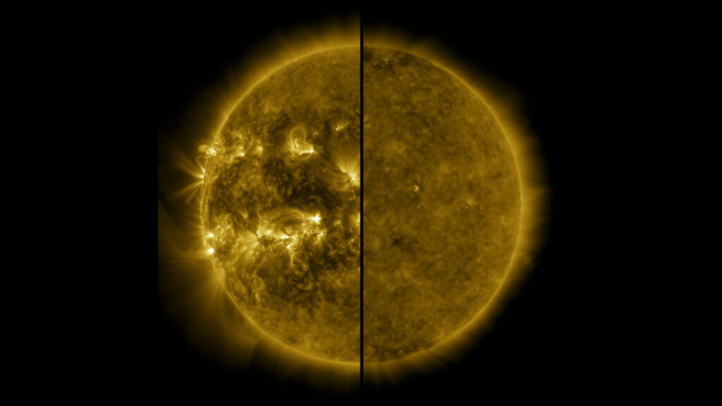 Activité solaire à son maximum en avril 2014 (à gauche) et à son minimum en décembre 2019 (à droite). // Source : NASA/SDO
