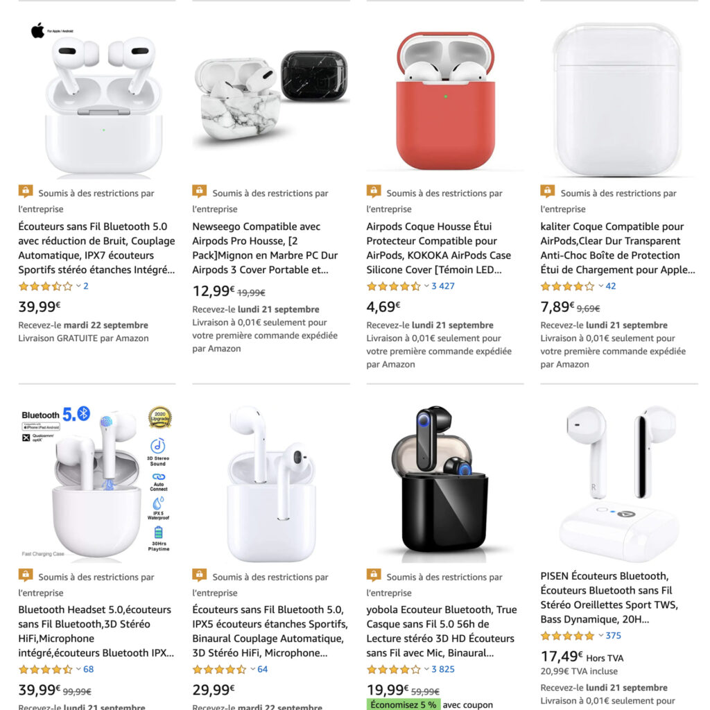 La recherche Amazon associée au mot AirPods le 15 septembre 2020 // Source : Capture d'écran Numerama La recherche Amazon associée au mot AirPods le 15 septembre 2020 // Source : Capture d'écran Numerama