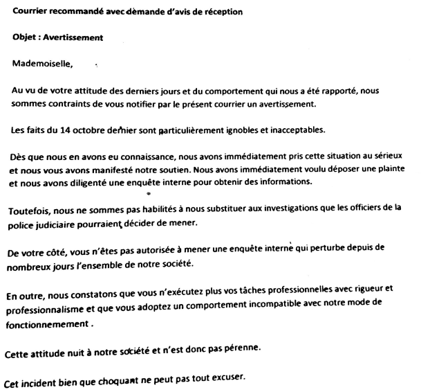 L'avertissement reçu par Justine* // Source : Document Numerama