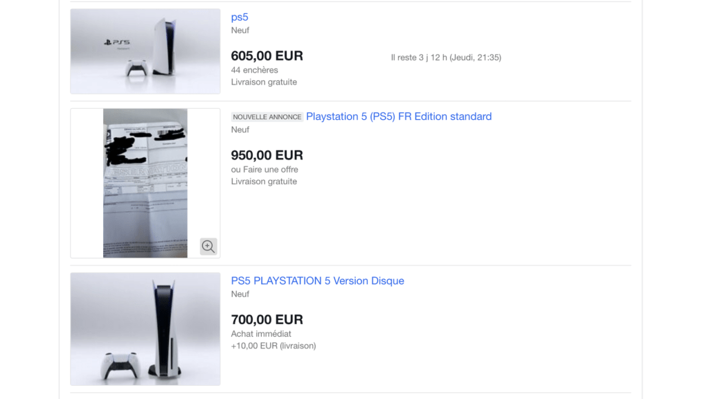 Les prix de la PS5 sur eBay // Source : Capture d'écran Les prix de la PS5 sur eBay // Source : Capture d'écran