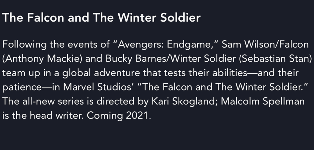 Falcon and The Winter Soldier repoussée en 2021 // Source : Capture d'écran Disney+