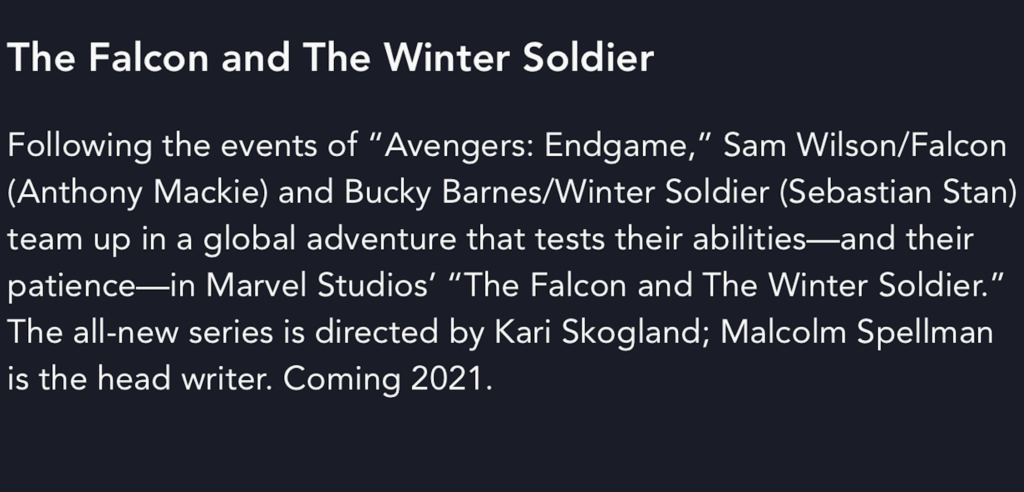 Falcon and The Winter Soldier repoussée en 2021 // Source : Capture d'écran Disney+ Falcon and The Winter Soldier repoussée en 2021 // Source : Capture d'écran Disney+