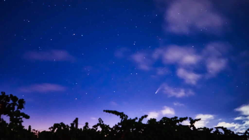 La comète ne plonge pas vers la Terre. // Source : Flickr/CC/Derrick Story (photo recadrée)