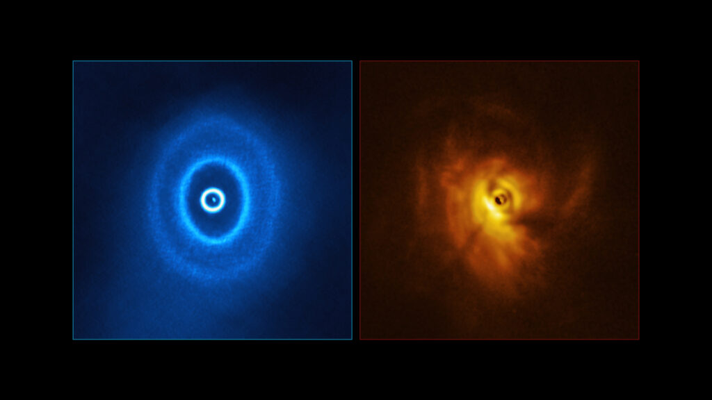 Le système GW Orionis observé par ALMA (gauche) et le VLT (droite). // Source : ALMA (ESO/NAOJ/NRAO), ESO/Exeter/Kraus et al.