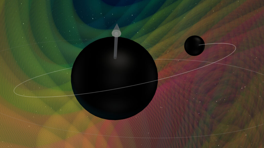 Visualisation de l'événement GW190412. // Source : N. Fischer, H. Pfeiffer, A. Buonanno (Max Planck Institute for Gravitational Physics), Simulating eXtreme Spacetimes (SXS) Collaboration