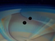Simulation de la rencontre des deux trous noirs. // Source : N. Fischer, H. Pfeiffer, A. Buonanno (Max Planck Institute for Gravitational Physics), Simulating eXtreme Spacetimes (SXS) Collaboration