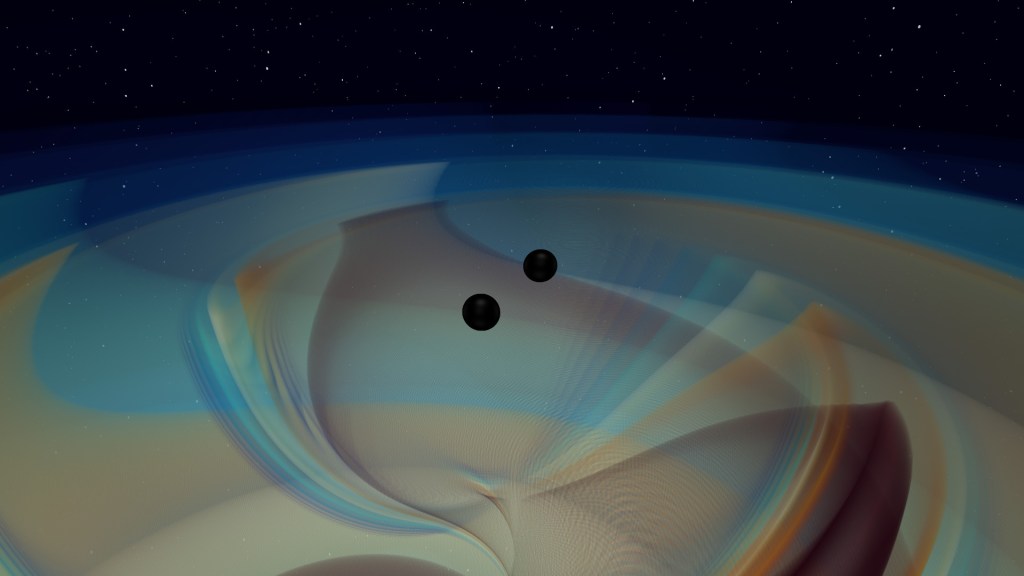 Simulation de la rencontre des deux trous noirs. // Source : N. Fischer, H. Pfeiffer, A. Buonanno (Max Planck Institute for Gravitational Physics), Simulating eXtreme Spacetimes (SXS) Collaboration