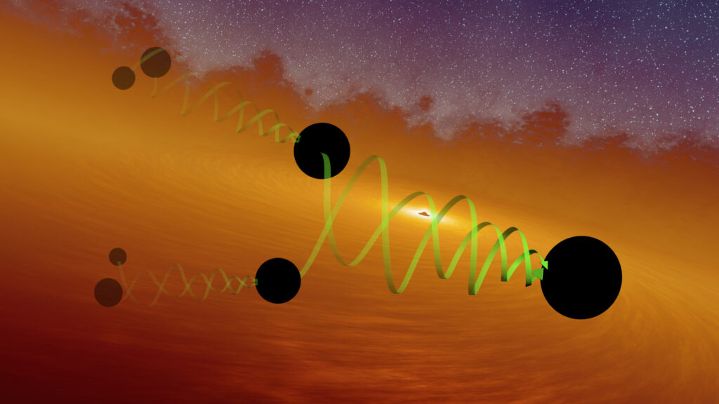 Représentation de la rencontre de ces deux trous noirs. // Source : LIGO/Caltech/MIT/R. Hurt (IPAC) Représentation de la rencontre de ces deux trous noirs. // Source : LIGO/Caltech/MIT/R. Hurt (IPAC)