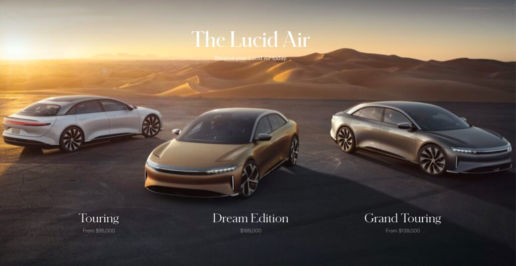 Trois versions de la Lucid Air // Source : Lucid Motors Trois versions de la Lucid Air // Source : Lucid Motors