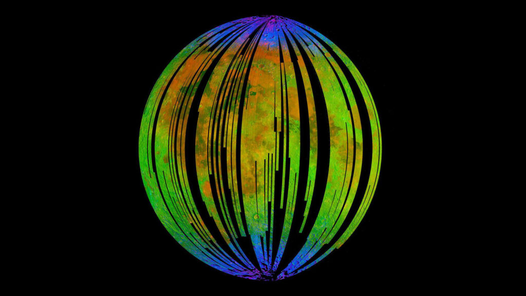 Carte de la face visible de la Lune. Le bleu représente la présence d'eau détectée sur la Lune. // Source : ISRO/NASA/JPL-Caltech/Brown Univ./USGS (photo recadrée)