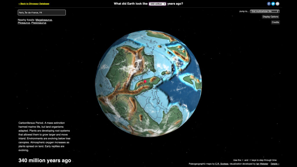 La Terre il y a 340 millions d'années. Le point représente la position de Paris. // Source : Capture d'écran www.dinosaurpictures.org