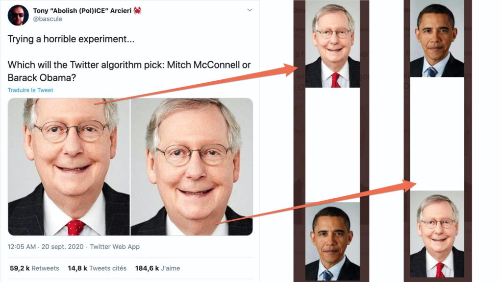 Cette expérience avec la photo du sénateur blanc McConnell et de l'ancien président noir Barack Obama a démarré la polémique. // Source : Twitter/bascule