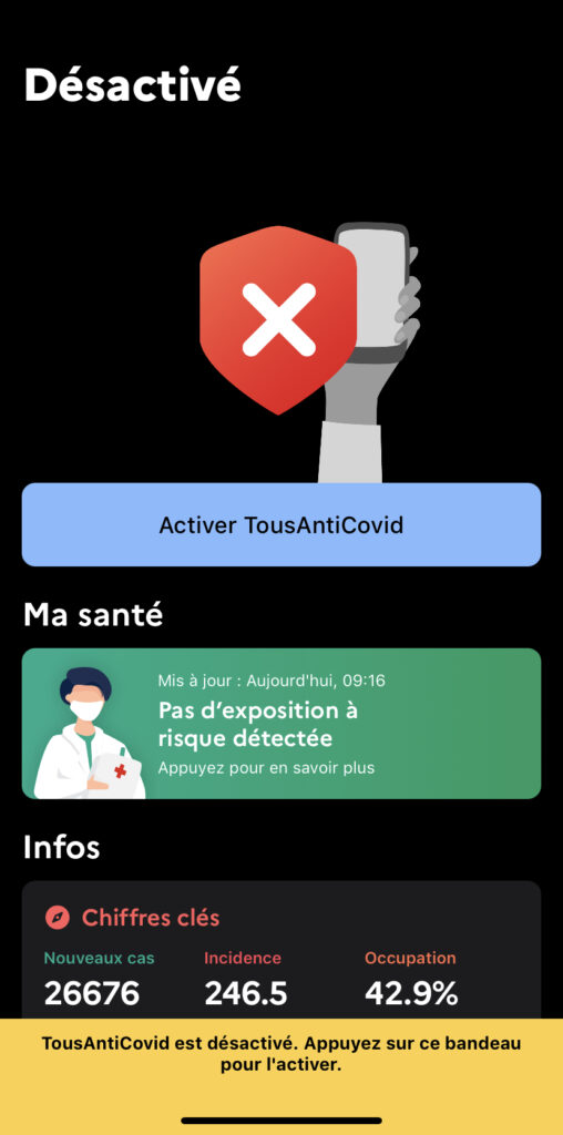 Une fois que vous avez téléchargé l'app, il faut encore l'activer, d'un simple clic.  // Source : Capture d'écran de l'app TousAntiCovid sur iOS