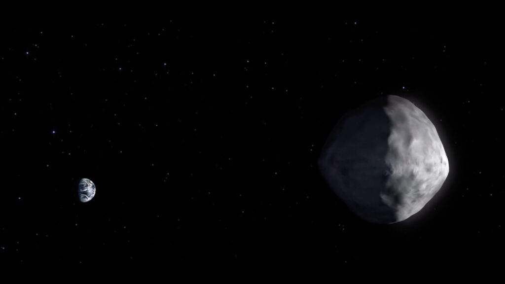 Vue de Bennu et de la Terre. // Source : Capture d'écran YouTube Nasa Goddard