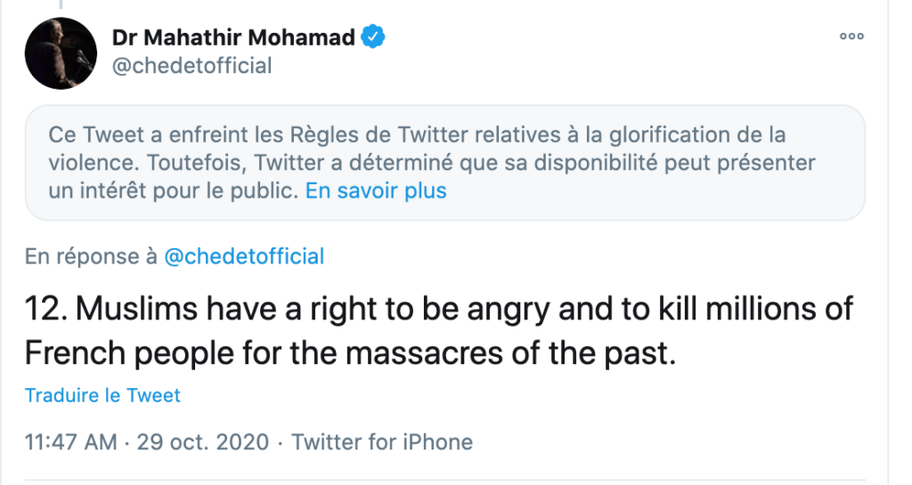 Le tweet a été masqué mais pas supprimé par Twitter, au nom de « l'intérêt public » Le tweet a été masqué mais pas supprimé par Twitter, au nom de « l'intérêt public »