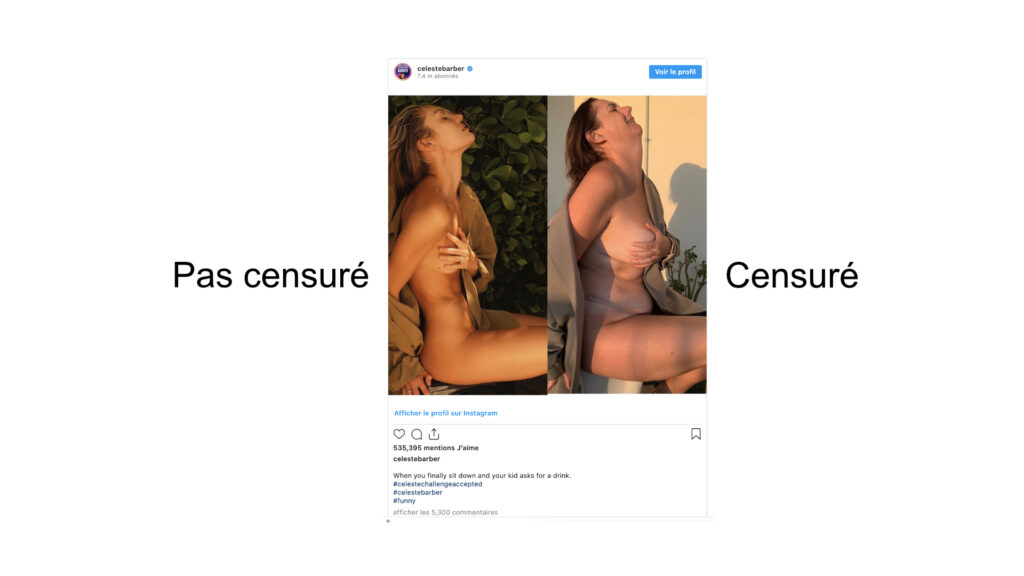 La censure à double vitesse // Source : Montage Numerama à partir de la publication de Celeste Barber La censure à double vitesse // Source : Montage Numerama à partir de la publication de Celeste Barber