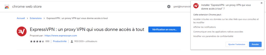 Lors de l'installation de l'extension navigateur pour VPN, le navigateur (ici, Chrome) va demander à l'utilisateur de valider les autorisations demandées.