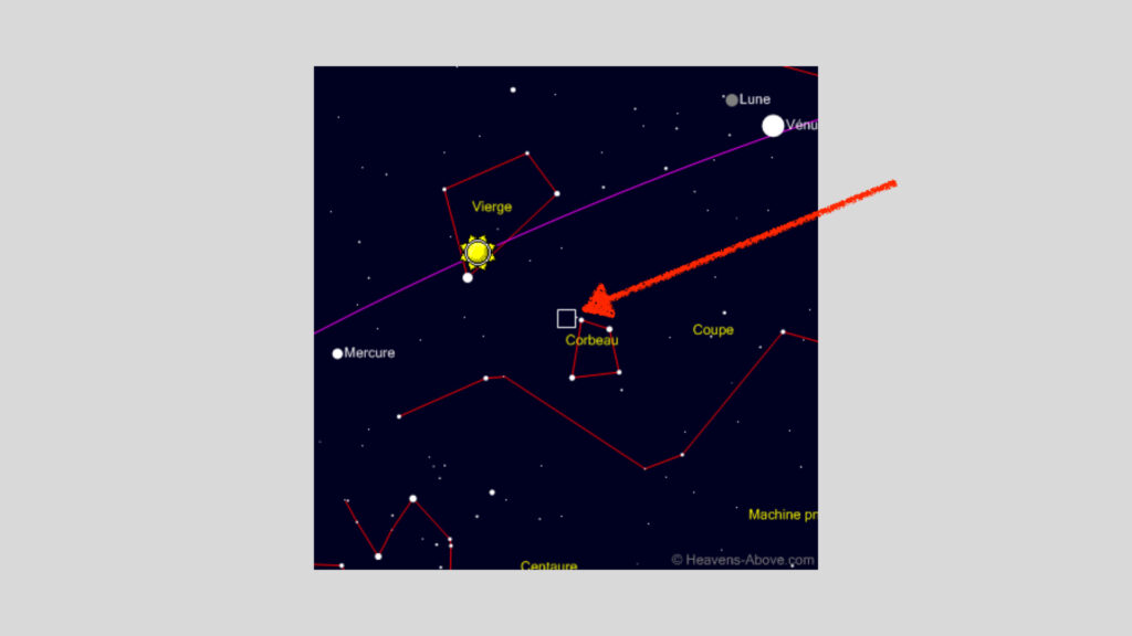 Position de la comète C/2020 P1 (NEOWISE) à la date du 14 octobre 2020. // Source : Heavens Above, annotations Numerama