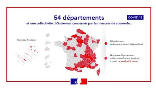 Carte des départements concernés par le couvre-feu au 22 octobre 2020. // Source : Gouvernement