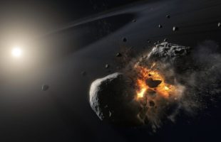Vue d'artiste de la collision qui avait été soupçonnée d'être une planète. // Source : Nasa (photo recadrée) Vue d'artiste de la collision qui avait été soupçonnée d'être une planète. // Source : Nasa (photo recadrée)