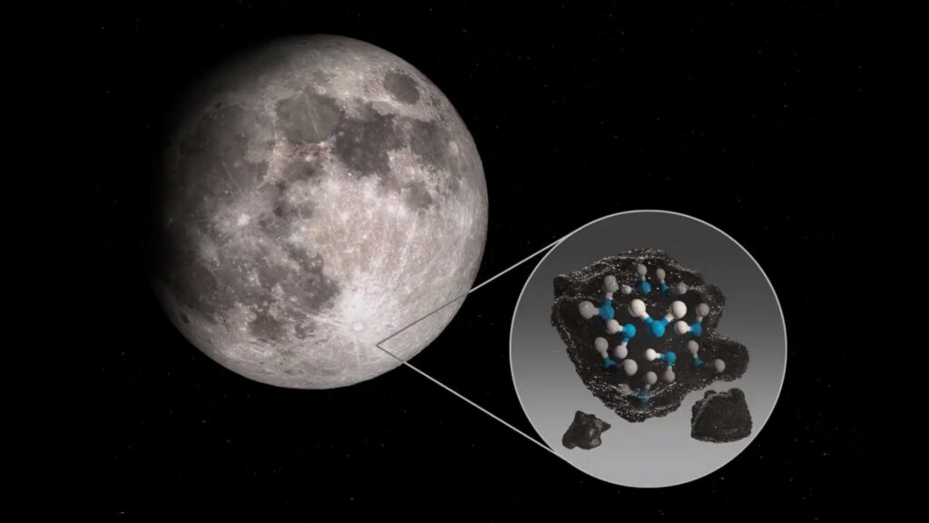 Représentation de l'eau détectée sur la Lune. // Source : Capture d'écran YouTube Nasa Vidéo
