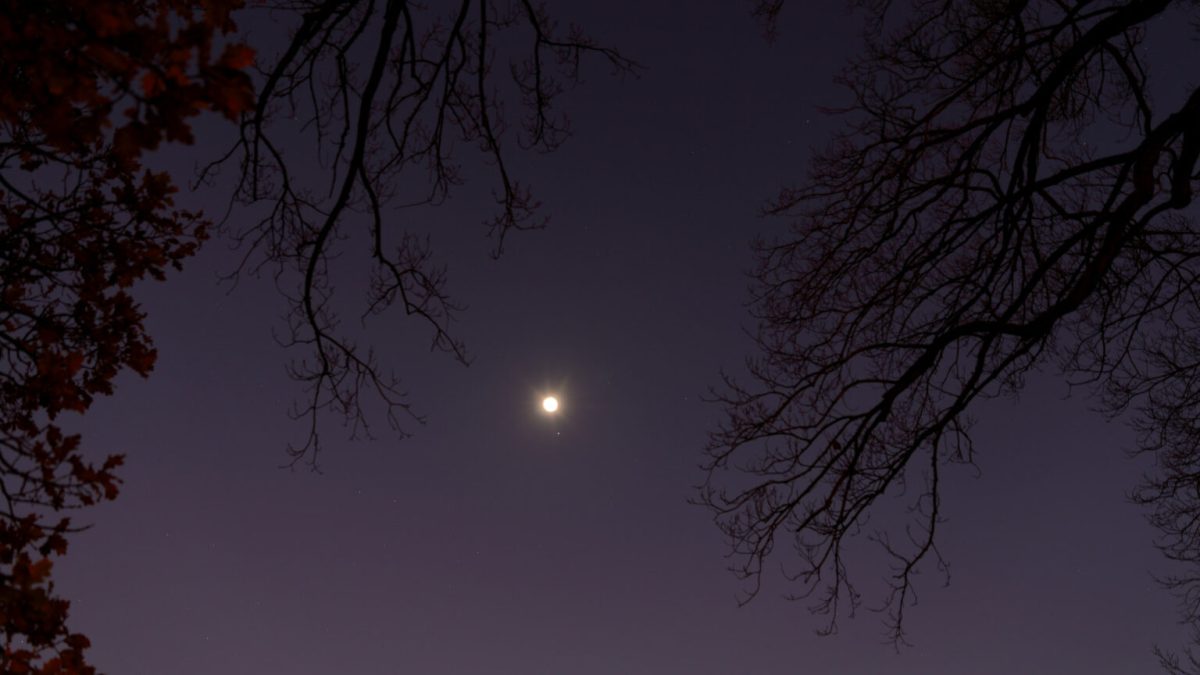 Conjonction entre la Lune, Jupiter et Saturne. // Source : Flickr/CC/Ed Dunens (photo recadrée)