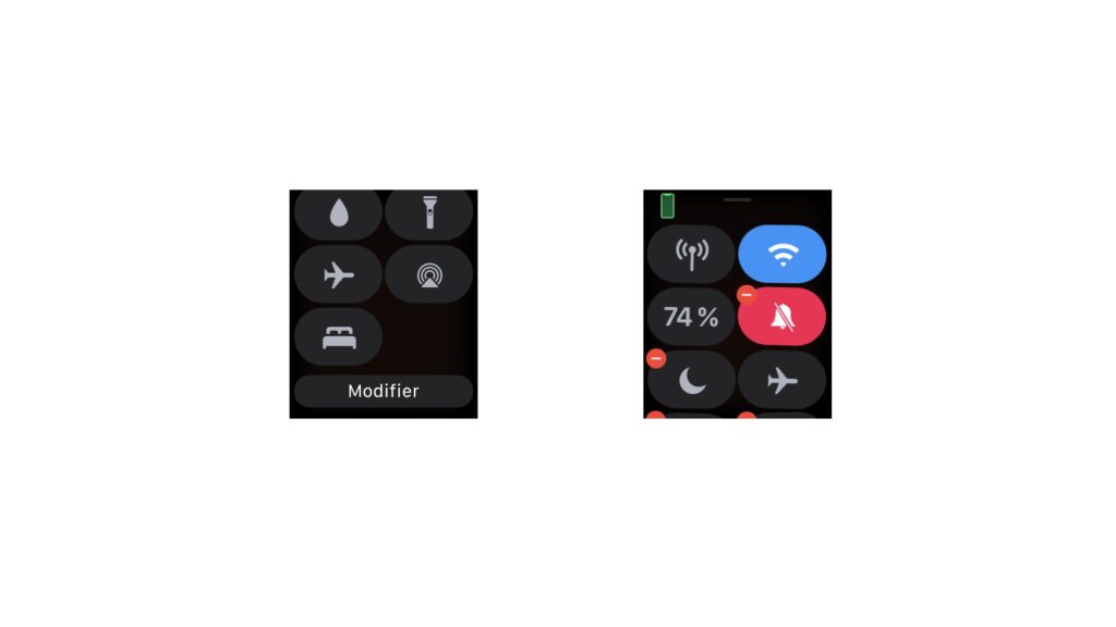 Personnalisation du Centre de contrôle dans watchOS 7 // Source : Maxime Claudel pour Numerama Personnalisation du Centre de contrôle dans watchOS 7 // Source : Maxime Claudel pour Numerama