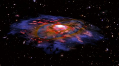 Vue d'artiste d'une galaxie massive dans l'Univers jeune. // Source : B. Saxton NRAO/AUI/NSF, ESO, NASA/STScI; NAOJ/Subaru