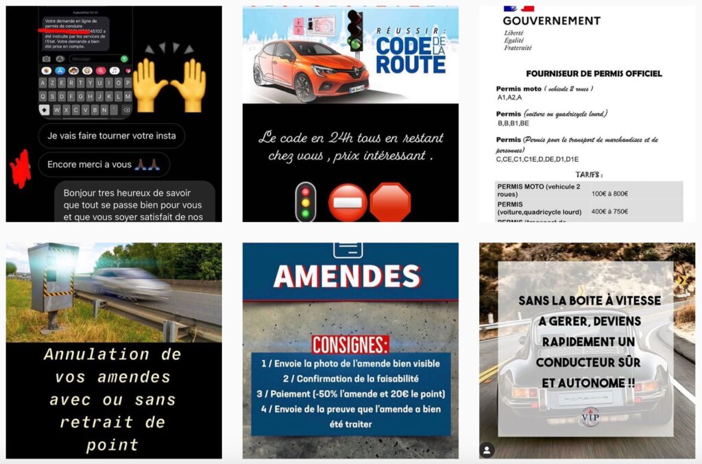 Des publications de comptes proposant d'acheter des codes de la route // Source : Capture d'écran / Numerama